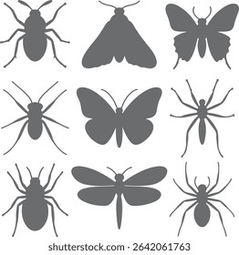 Nine gray insect silhouettes against a white background The insects include butterflies moths spiders and other bugs Simple flat design
