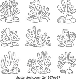 Nove ilustrações em escala de cinza de várias silhuetas de recifes de corais em um fundo branco Cada coral é exclusivamente detalhado com diferentes texturas e formas. O estilo é simples e desenhado à mão.