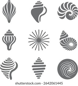 Nine gray seashell silhouettes various shapes and spiral designs on white background simple minimalist style
