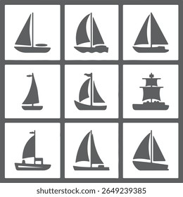 Nine gray silhouette icons of sailboats and a ship are arranged in a 3x3 grid on a white background. Each icon is set within a gray square. The overall style is simple and minimalist.