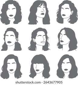 Nine grayscale female head silhouettes showcasing diverse hairstyles including curly, wavy, straight, and bob cuts with and without bangs. Minimalist style.