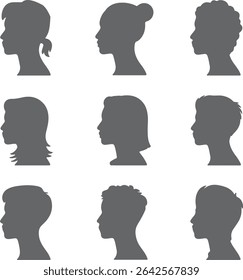 Nine grayscale human head silhouettes in profile view showcasing diverse hairstyles both male and female. Simple minimalist style.