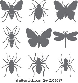 Nine grayscale insect silhouettes arranged in a grid pattern against a white background. The insects include a moth, butterfly, dragonfly, spiders, and beetles. Simple and minimalist style.