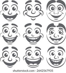 Nine grey cartoon faces with large eyes and open mouths smiling joyfully against a white background simple silhouette style