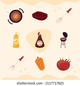 nine grill bbq set icons