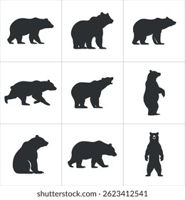 Nine Grizzly Bear Silhouettes Walking, Standing, Roaring Poses, Bear Silhouettes,
Collection of Black Bear. Simple Bear Vector Illustration