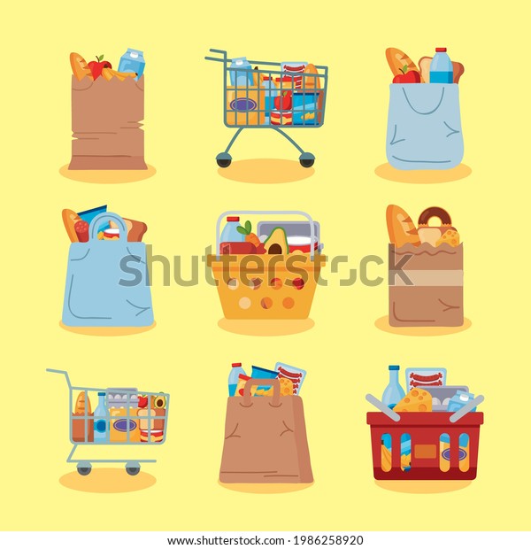 Nine Grocery Shopping Set Icons Stock Vector (Royalty Free) 1986258920 ...