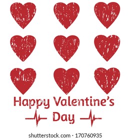 Nine grunge hearts and two grunge pulse diagrams with "Happy Valentine's Day" title for 14 February. Vector illustration