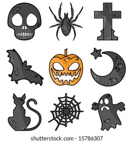 nine Halloween symbols isolated on white