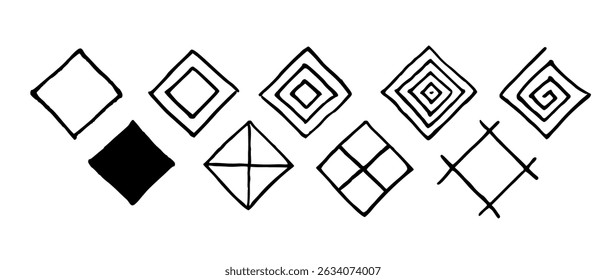 Nine Hand-drawn Black Ink Sideways Square Box Icon Bundle. Some are like Aztec or Inca decorations, some are just checkbox. 