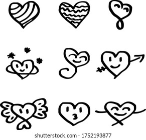 Nine handdrawn hearts. Handdrawn rough marker hearts isolated on white background. 
 