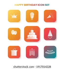Nine HAPPY BIRTHDAY icons in one set with white color on gradient and white background. Vector illustration