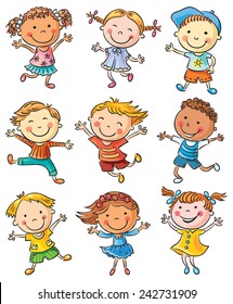 Nine Happy Cartoon Kids Dancing Or Jumping With Joy, No Gradients, Isolated