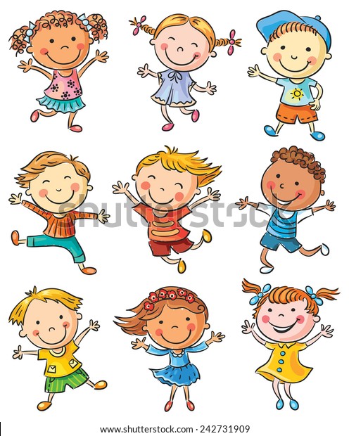 9人の幸せなアニメの子どもが喜びを持って踊ったり飛び降りたり グラデーションなし のベクター画像素材 ロイヤリティフリー