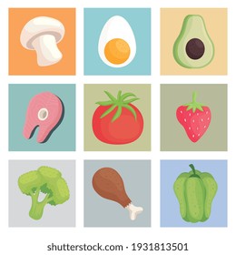 nine healthy food set icons