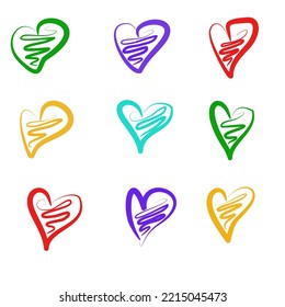 Nine hearts. Colored hearts on a white background, hand-drawn. Vector image for your graphic design