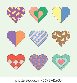 Nine hearts with different patterns and colors