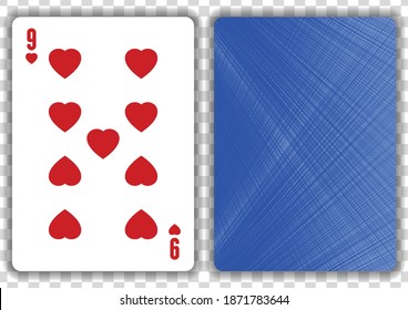 Nine of hearts playing card, isolated on transparent background. Vector illustration.