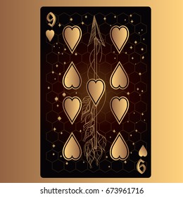 Nine of hearts. Playing card with original design on the theme of space.