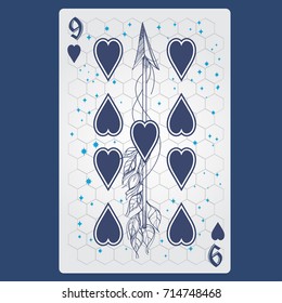 Nine of hearts. Playing card with original design on the theme of space.