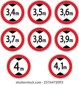 Nine height limit traffic signs displaying different heights from 3,4 meters to 4,1 meters, isolated on a white background.