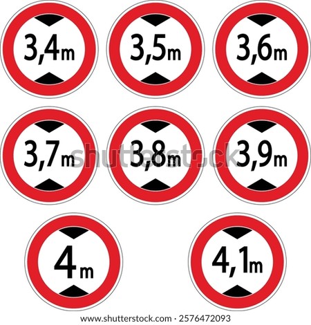 Nine height limit traffic signs displaying different heights from 3,4 meters to 4,1 meters, isolated on a white background.
