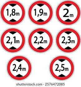 Nine height restriction traffic signs indicating different height limits from 1.8 meters to 2.5 meters.