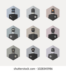 Nine hexagon flat design robots. Suitable for profile images, avatars, web design and user interfaces.