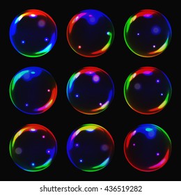 Nine High Contrast Soap Bubble with Rainbow Colors. Colorful Water Soap Bubbles on Black Background. Isolated Vector Soap Bubble Illustration. Realistic Rainbow Bubbles Set.