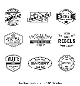 Nine high Quality vector Vintage Labels. Each label is organized in 2 layers with text separate from graphics, where possible, each properly labeled. Every name is fictional and not real.