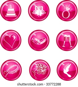 Nine Hot pink glossy wedding web icons.