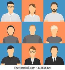 Nine human avatars. Five male, four female. Four office workers, four young, one with beard