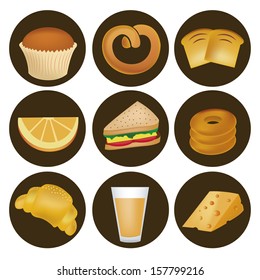 nine icons of bread, wheat, sandwich, orange, juice and cheese for breakfast
