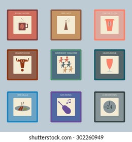 Nine icons for food and beverage industry in retro style. Perfect for cafe, bistro, bar.