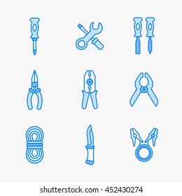 Nine icons for micro-circuitry, science and electrical. Radio engineering vector icon set for tools store.