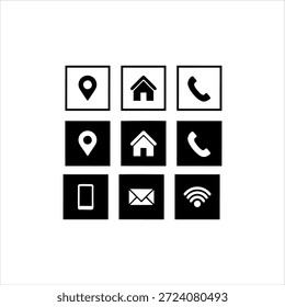 Nine icons representing communication and navigation in a 3x3 grid, with black and white color scheme.