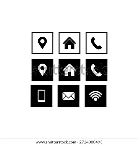 Nine icons representing communication and navigation in a 3x3 grid, with black and white color scheme.