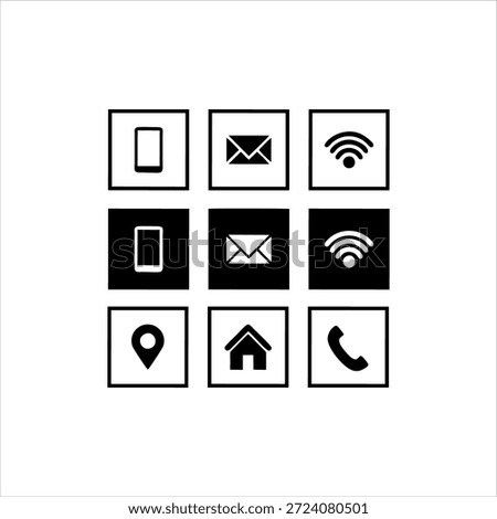 Nine icons representing communication and technology, arranged in a 3x3 grid, with alternating black and white backgrounds.