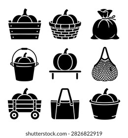 Nine icons show pumpkins in baskets sacks wheelbarrows and bags for harvest storage