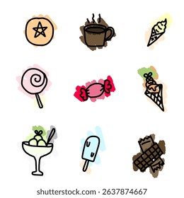 nine icons of sweet treats and drinks like candy, ice cream, chocolate, coffee, and popsicles in a hand-drawn style with pastel backgrounds.