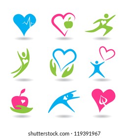 Nine icons symbolizing healthy hearts.