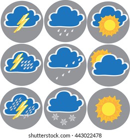 Nine icons of weather: clouds, sun, rain,. Vector illustration.
