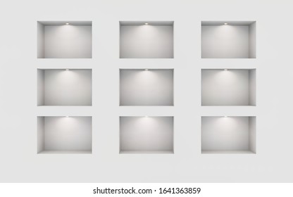 Nine illuminated niches on a white wall. Place for an exhibition. Top view mockup template for design. Light effect on a separate layer. Vector.