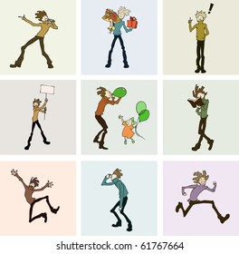 nine illustrations of characters acting in different ways and situations, singing, reading, jumping, running, blowing balloons, waving banners, having ideas, searching, giving presents