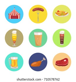 Nine images of octoberfest vector illustration including red marketing tent, sausage on folk, beer glasses and food represented by meat and snacks