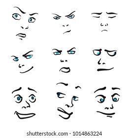 Nine Impressive Emoticon icons, hand drawn facial expressions on white backgound. Vector art illustration.