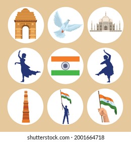 nine independence india set icons