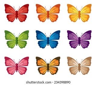 Nine individually grouped colorful butterflies