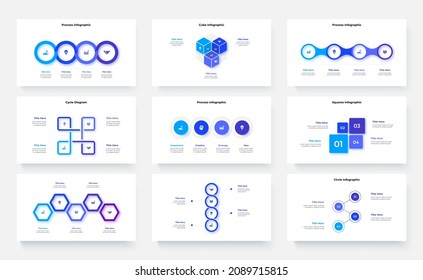 Nueve diapositivas de presentaciones de infografía. Conjunto de ilustraciones vectoriales para el análisis de negocios. Círculos, gráficos de procesos, líneas de tiempo y otros elementos abstractos.