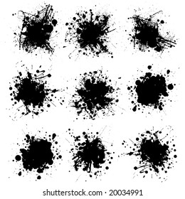 Nine ink splat designs in black and white